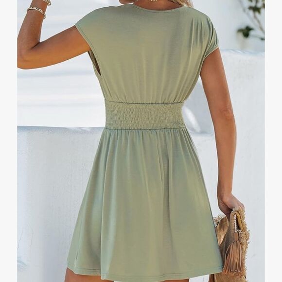 Cupshe Surplice Smocked Waist Mini Dress Olive Green Boho Dress - Picture 2 of 11